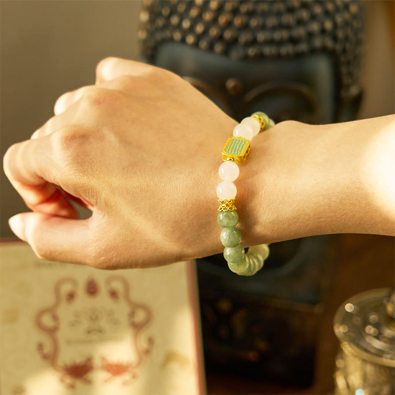 Pulsera de la abundancia de las Cinco Escrituras con piedras de Buda, jade verde natural y ágata blanca