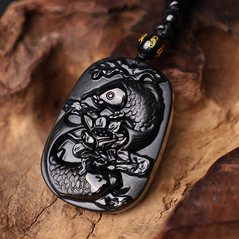 Collar con colgante de cuentas de loto y obsidiana negra natural con piedras de Buda y pez koi