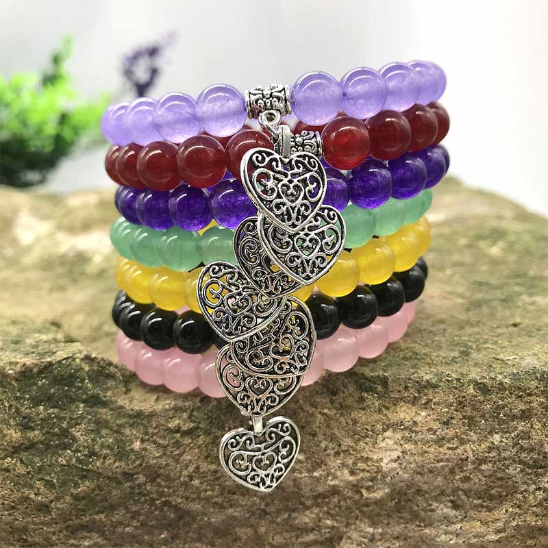 Natural Gemstone Lucky Love Heart Charm Stretch Bracelet