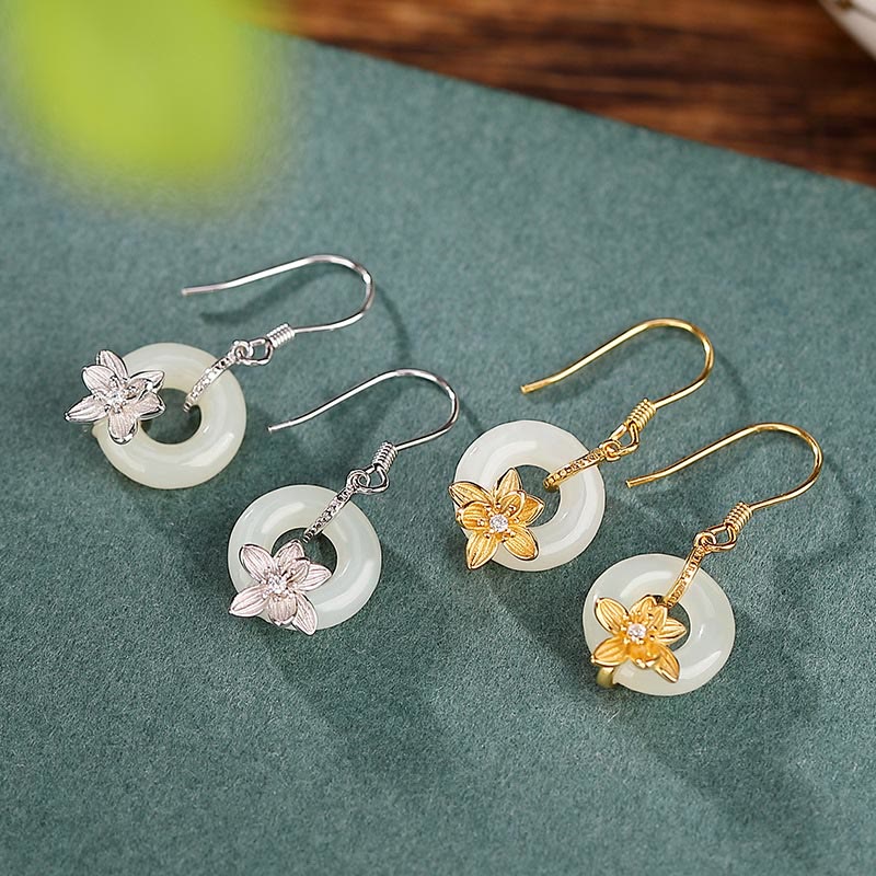 Pendientes de plata de ley 925 con piedras de Buda, jade hetiano, hebilla de la paz y orquídea de la prosperidad