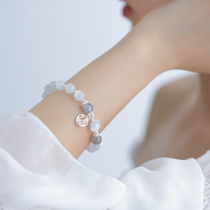 Pulsera con abalorios de bola con carácter Fu de piedra lunar y ojo de gato de Buda
