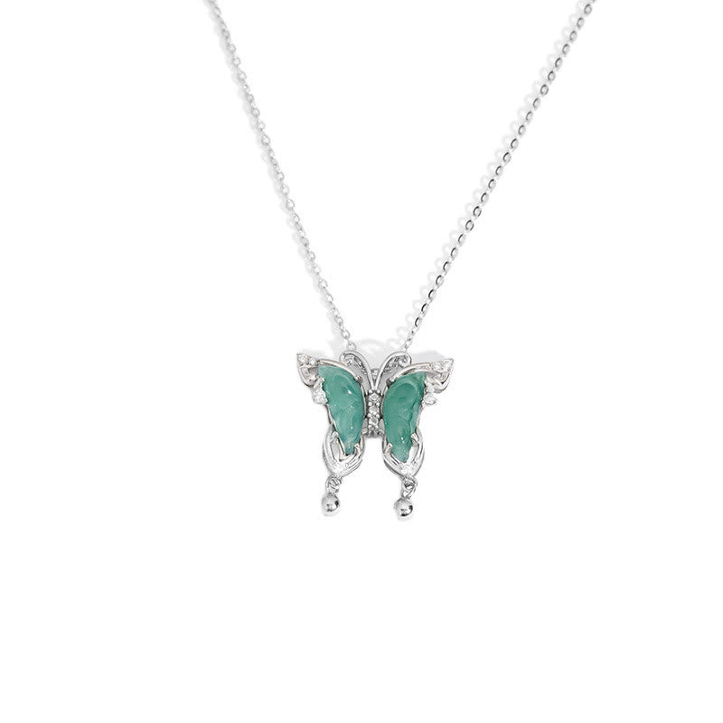 Collar con colgante de mariposa de la suerte de jade verde y piedras de Buda en plata de ley 925