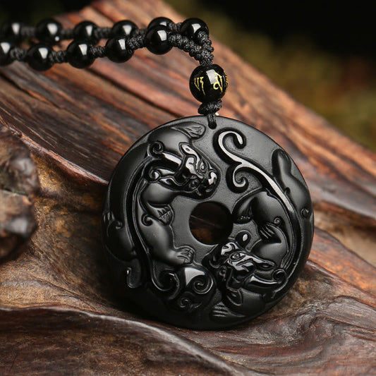 Collar con colgante de cuerda de cuentas de Pixiu con hebilla de paz de obsidiana negra natural y piedras de Buda