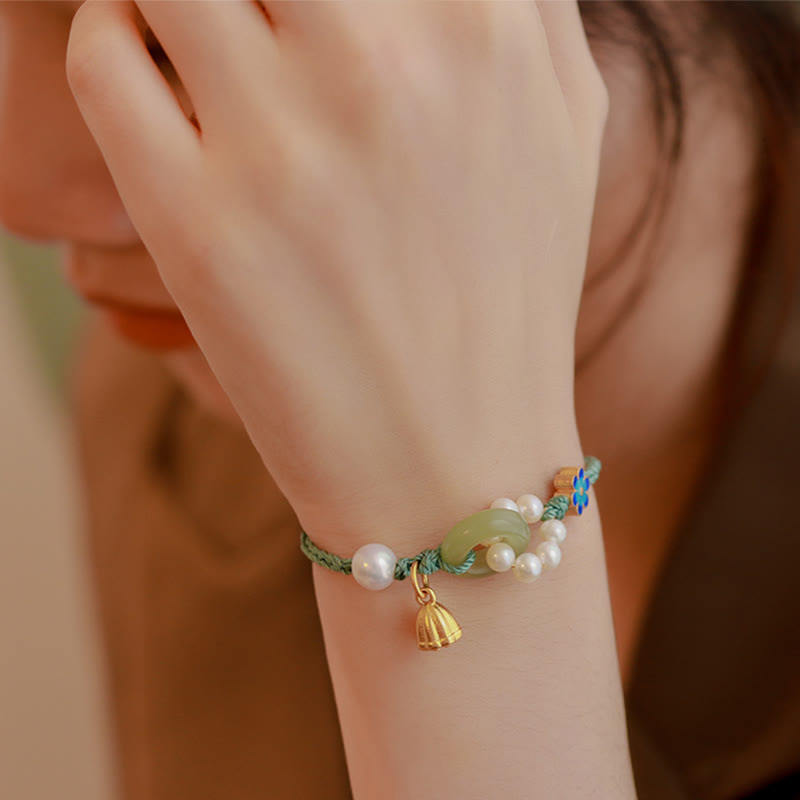 Buddha Stones Natürliche Hetian Jade Peace Buckle Pearl Luck Handgefertigtes geflochtenes Armband