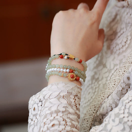 Pulsera de la suerte con piedras de Buda, plata de ley 925 bañada en oro, jade hetiano natural, perla, mariposa y calabaza