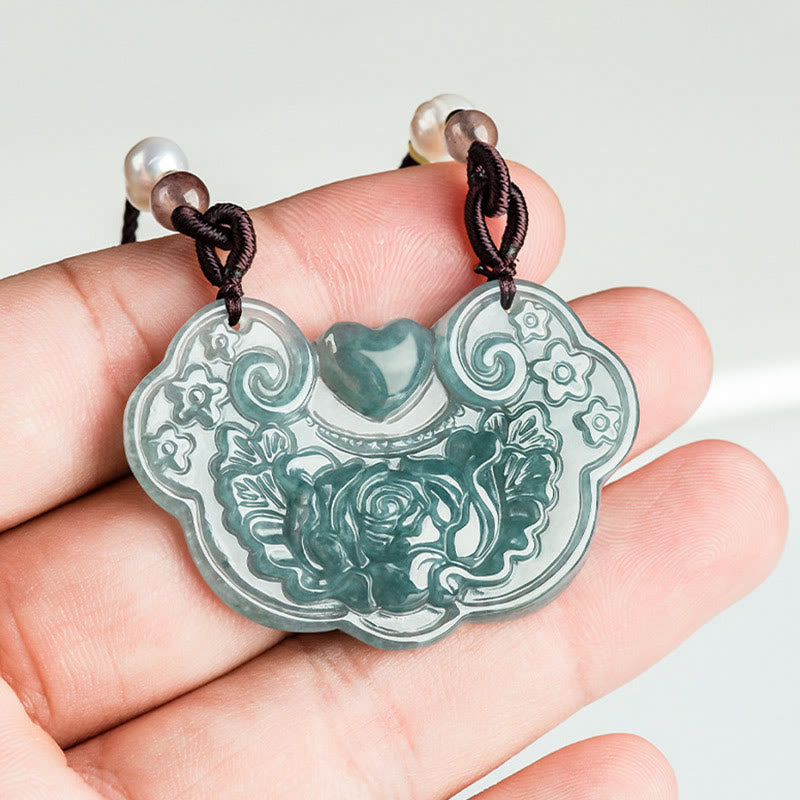 Collar con colgante de flor de peonía de jade natural y piedras de Buda con candado de buenos deseos y prosperidad