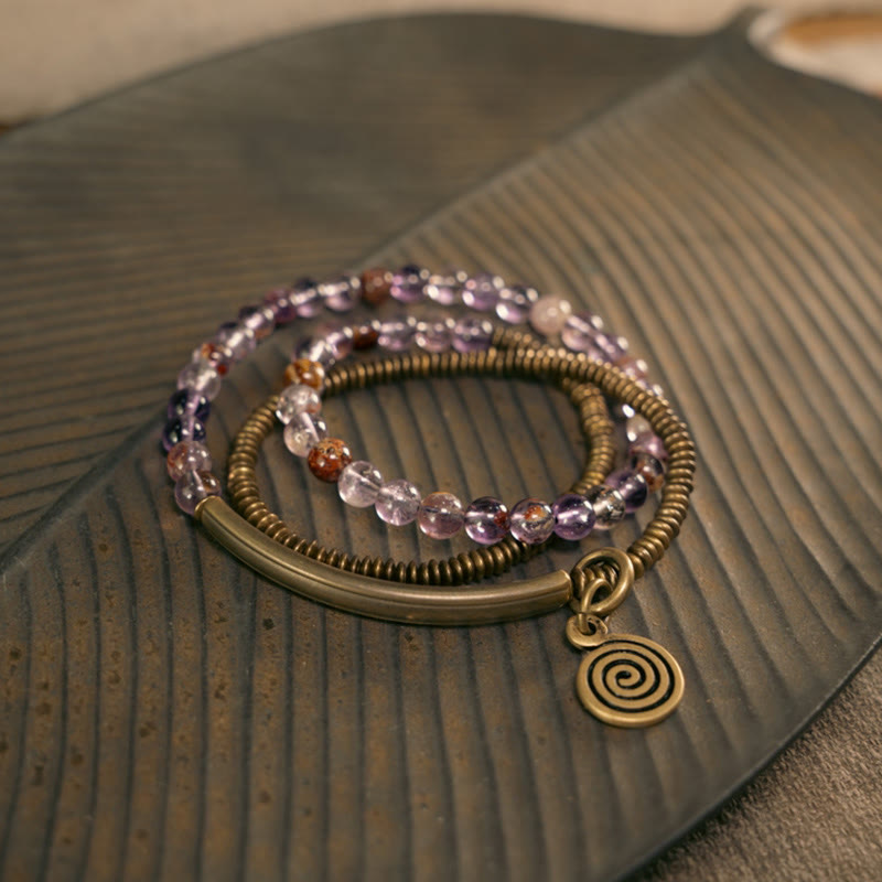 Pulsera de cobre con piedras de Buda, cuarzo hematoide rojo fantasma morado y cuarzo rutilado verde, amor y perdón