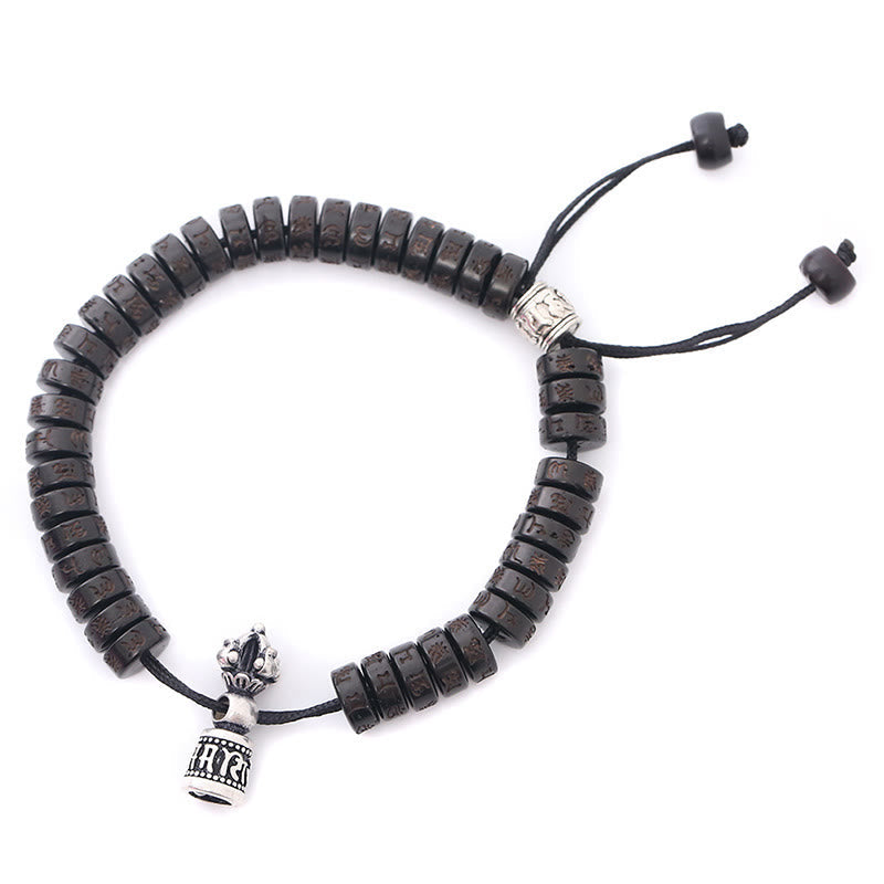 Pulsera de hilo de la felicidad con campana Vajra Dorje Om Mani Padme Hum tallada en cáscara de coco del Tíbet con piedras de Buda