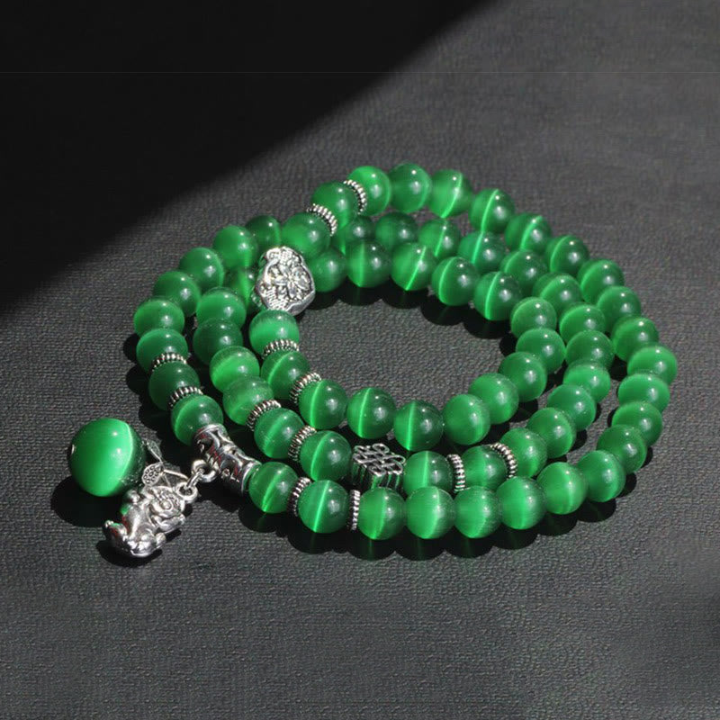 Pulsera triple vuelta con soporte PiXiu de ojo de gato y piedras de Buda