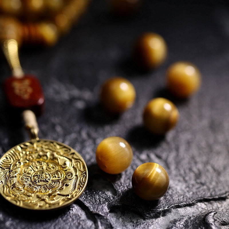 Buddha Stones 108 Mala-Perlen, natürliches Tigerauge, Kupfer, Dorje-Schutz, Quastenarmband