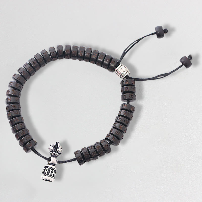 Pulsera de hilo de la felicidad con campana Vajra Dorje Om Mani Padme Hum tallada en cáscara de coco del Tíbet con piedras de Buda