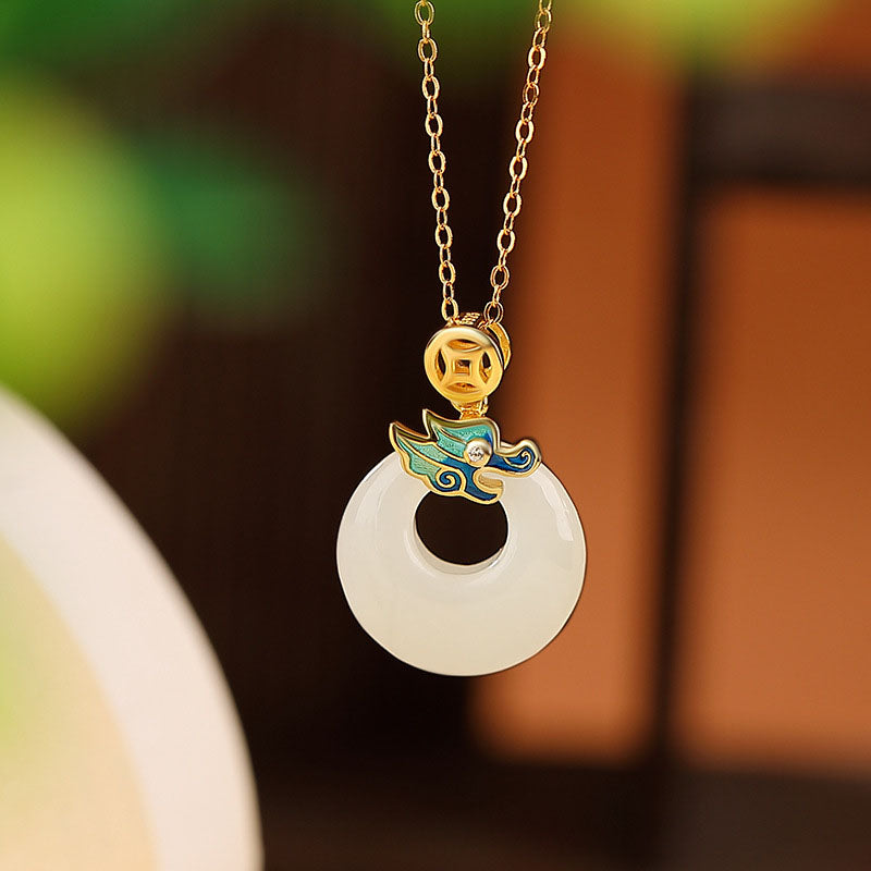 Collar con colgante de moneda de cobre y hebilla de paz de jade hetiano del Año del Dragón, con piedras de Buda, chapado en oro y plata de ley 925
