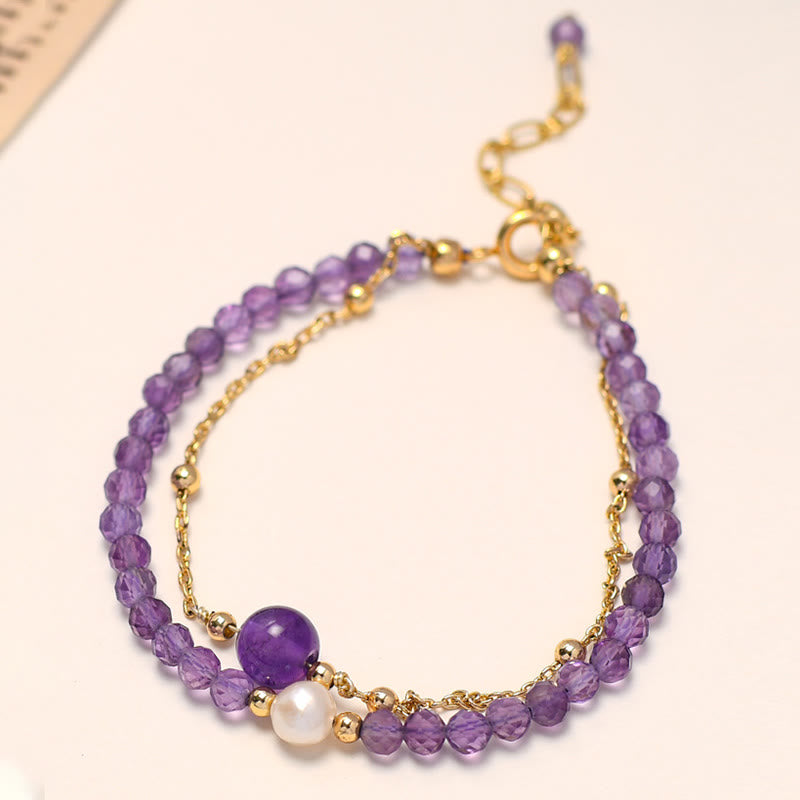 Pulsera de cadena de doble capa con cristales de amatista y baño de oro de 14 quilates de Buddha Stones