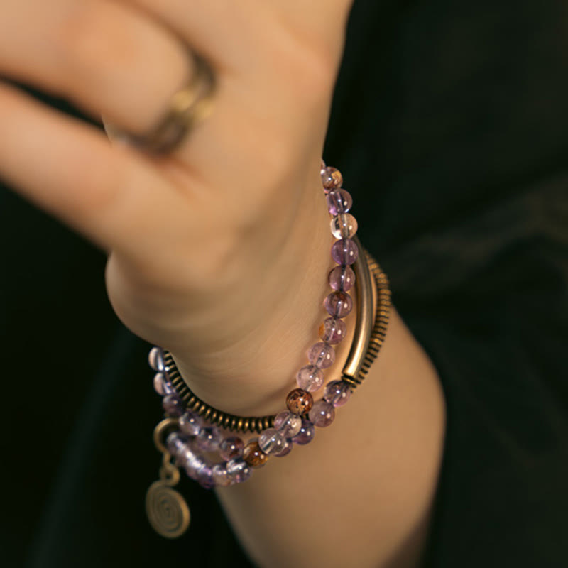 Pulsera de cobre con piedras de Buda, cuarzo hematoide rojo fantasma morado y cuarzo rutilado verde, amor y perdón