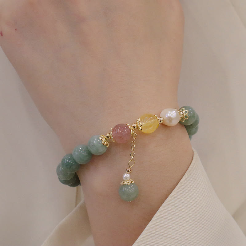 Pulsera de cuentas de Buda con jade, perla, cuarzo fresa y amuleto de la suerte