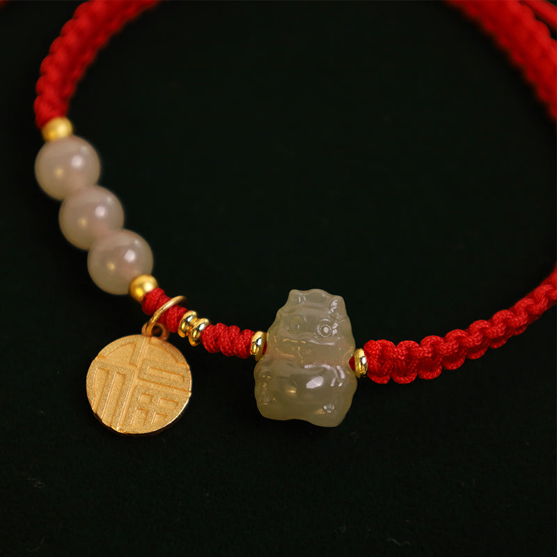 Buddha Stones Year of the Dragon 925 Sterling Silver Hetian Jade Fu Character Luck Bracelet