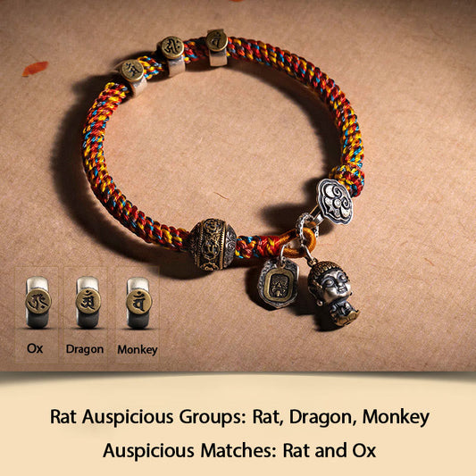Pulsera trenzada de cuerda multicolor con piedras de Buda, hecha a mano en plata de ley 925 tibetana, con el zodíaco chino, Buda natal Zakiram, diosa de la riqueza y la protección.