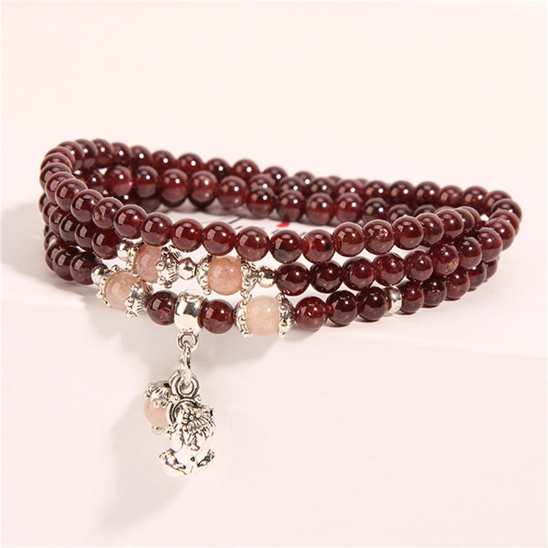 Buddha Stones Natürlicher Granat Erdbeerquarz Grüne Bohnen PiXiu Schutz Dreifach-Wickelarmband