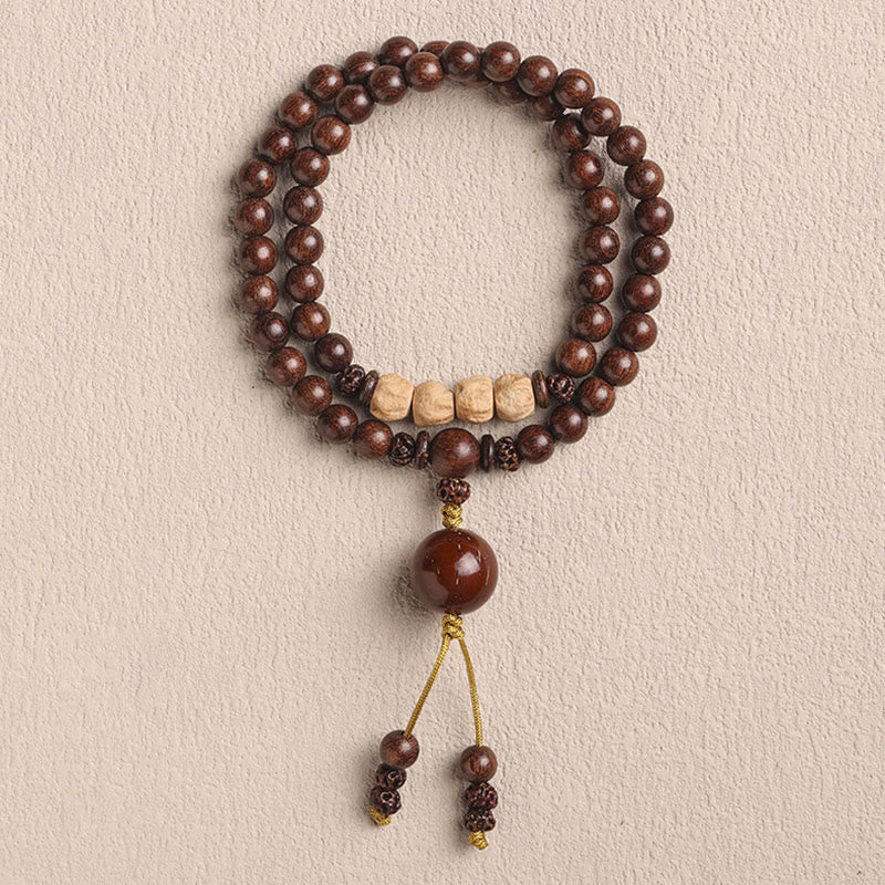 Pulsera de doble vuelta con semillas de Bodhi y sándalo rojo de hoja pequeña con piedras de Buda y sándalo