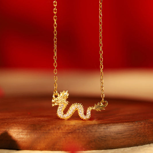 Collar con colgante de cadena de la suerte con piedras de Buda en plata de ley 925, con el Año del Dragón, un dragón dorado auspicioso.