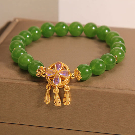 Pulsera de la suerte con trébol de cuatro hojas y atrapasueños de jade verde de Buda