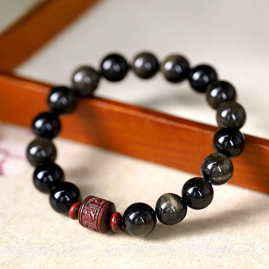 Pulsera curativa con piedras de Buda, obsidiana arcoíris con brillo dorado natural y símbolo Om Mani Padme Hum Fu