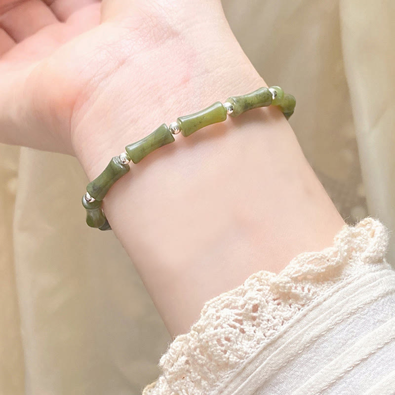 Pulsera de plata de ley 925 con piedras de Buda, jade de bambú y gato de la suerte con el símbolo Fu.