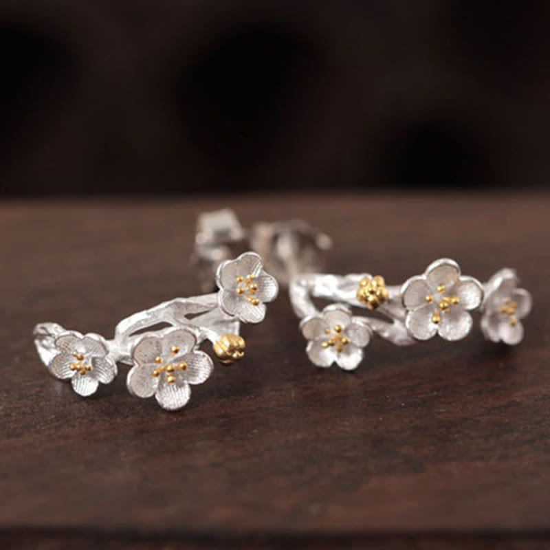 Pendientes de plata de ley 925 con piedras de Buda y flores de ciruelo bendecidas