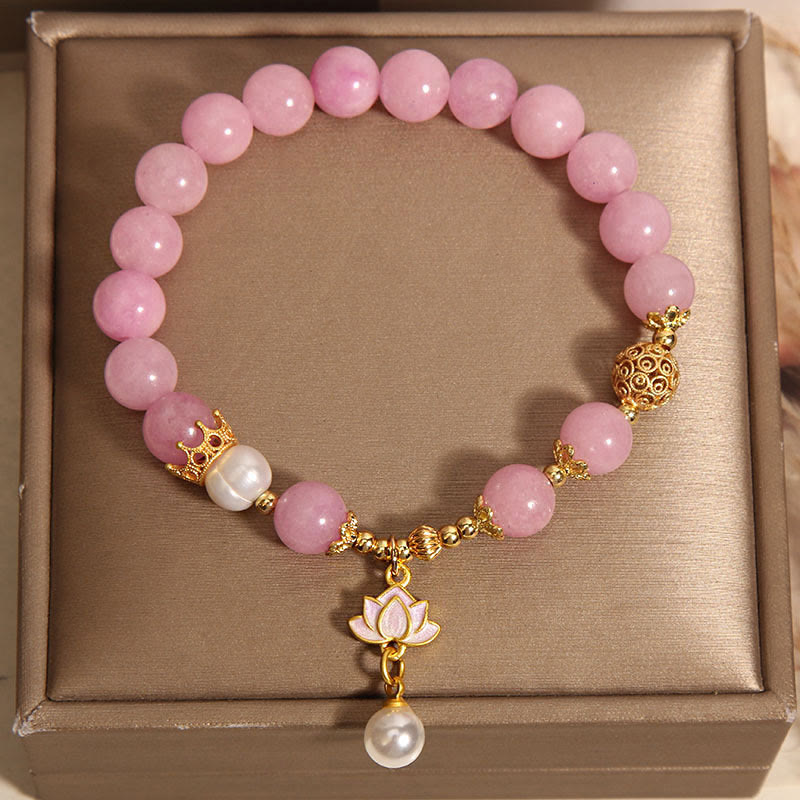 Pulsera de armonía con dijes de loto, perla y jade rosa de Buda