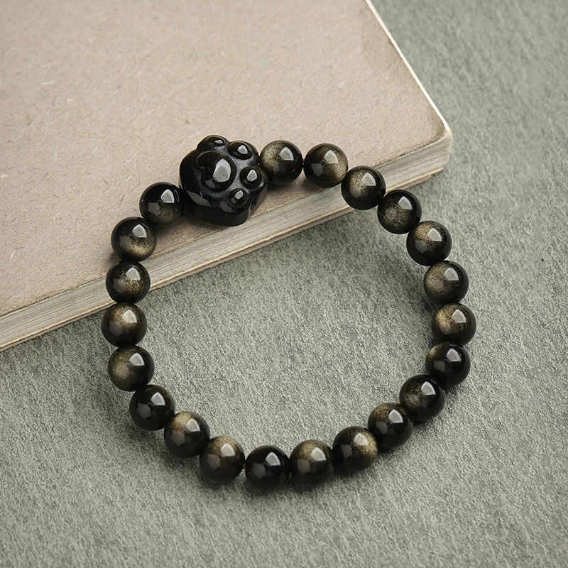 Pulsera de protección con piedras de Buda, obsidiana dorada y obsidiana plateada con brillo, con forma de pata de gato de la suerte.