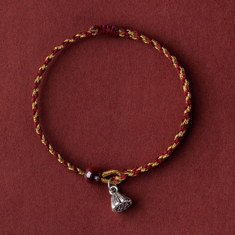 Pulsera trenzada con dije de paz y alegría de loto, hecha a mano con piedras de Buda y cuerda de oro rojo