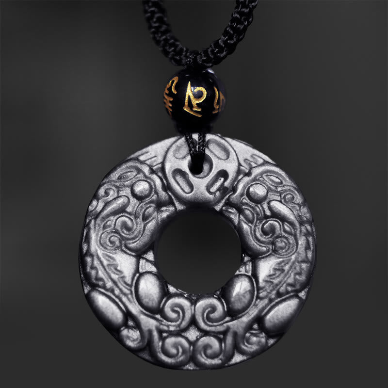 Collar con colgante de obsidiana con doble PiXiu, moneda de cobre, hebilla de paz y protección, con piedras de Buda y brillo de plata natural