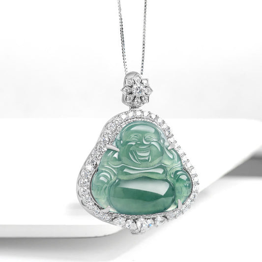 Collar con colgante de Buda sonriente de plata de ley 925 con piedras de Buda y jade natural para la suerte y la abundancia.