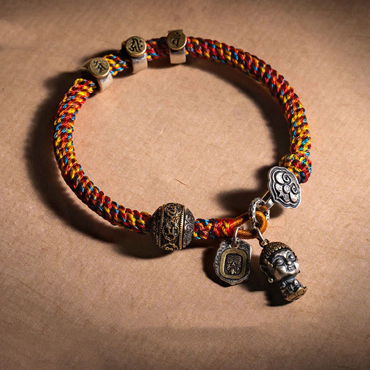 Pulsera trenzada de cuerda multicolor con piedras de Buda, hecha a mano en plata de ley 925 tibetana, con el zodíaco chino, Buda natal Zakiram, diosa de la riqueza y la protección.