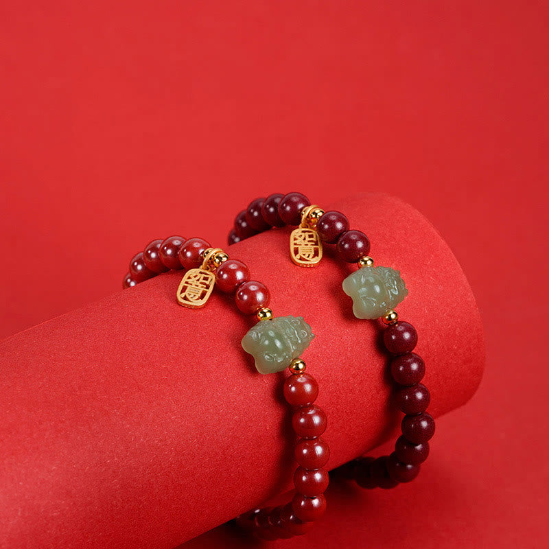 Buddha Stones 925 Sterling Silver Year of the Dragon Natural Cinnabar Hetian Jade Dragon Fu Character Ruyi As One Wishes Charm Blessing Bracelet