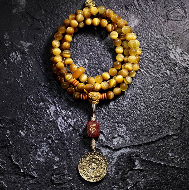 Buddha Stones 108 Mala-Perlen, natürliches Tigerauge, Kupfer, Dorje-Schutz, Quastenarmband