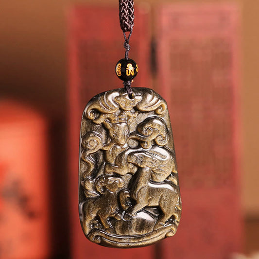 Collar con colgante de obsidiana dorada con piedras de Buda y tres cabras que traen buena suerte y riqueza.