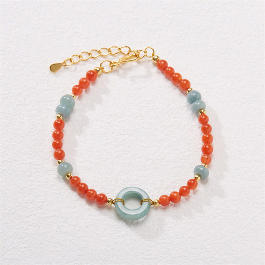 Pulsera de plata de ley 925 con piedras de Buda, ágata roja natural, jade y hebilla de paz.