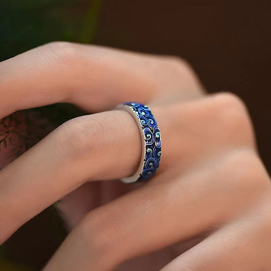 Anillo ajustable de cobre curativo con diseño de nubes azules auspiciosas y piedras de Buda