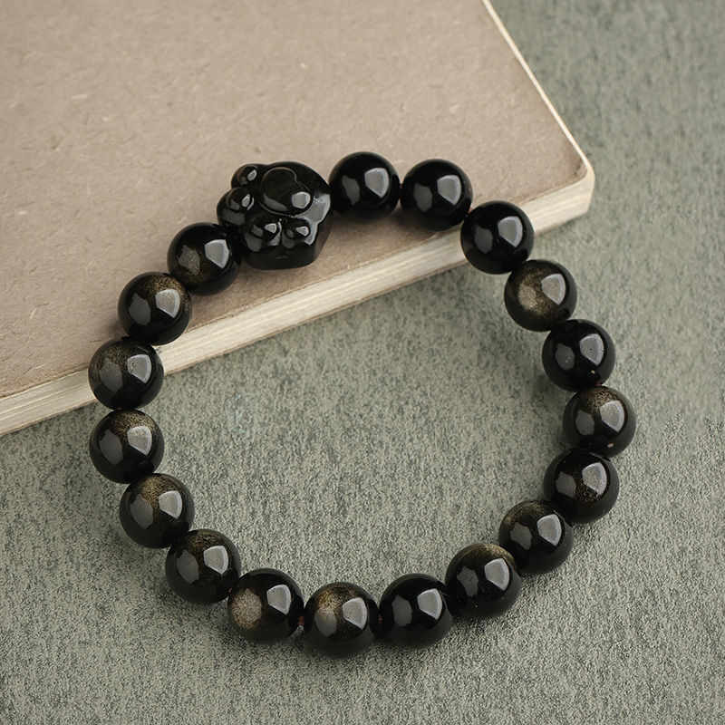 Pulsera de protección con piedras de Buda, obsidiana dorada y obsidiana plateada con brillo, con forma de pata de gato de la suerte.