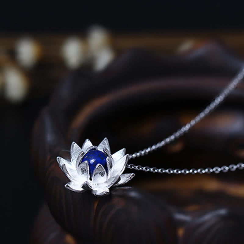 Collar con colgante de flor de loto y lazurita de plata de ley 925 con piedras de Buda para el autocuidado