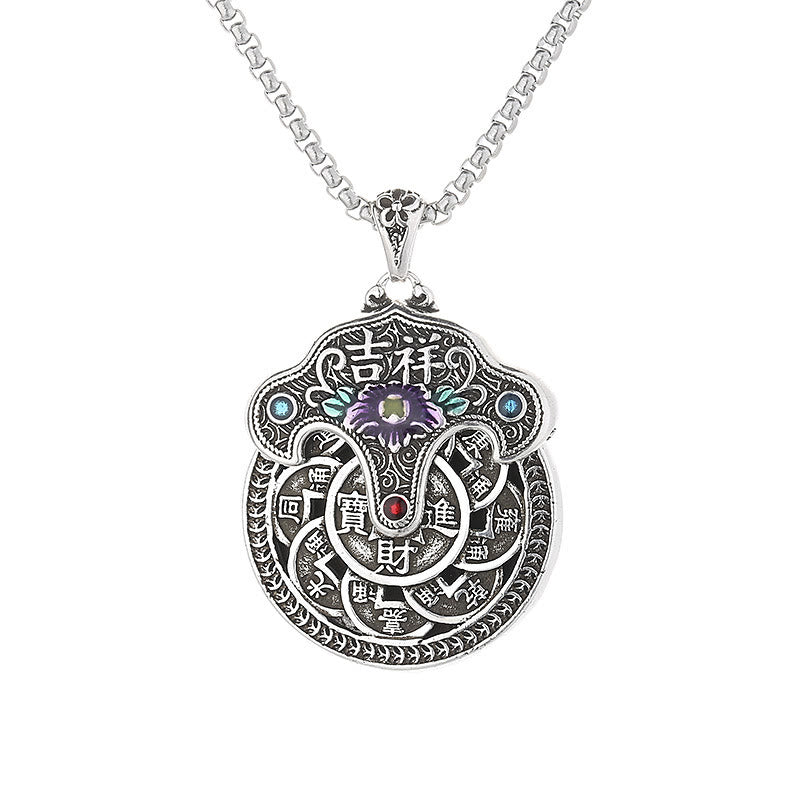 Collar con colgante de riqueza con monedas de cobre, flor de peonía y piedras de Buda