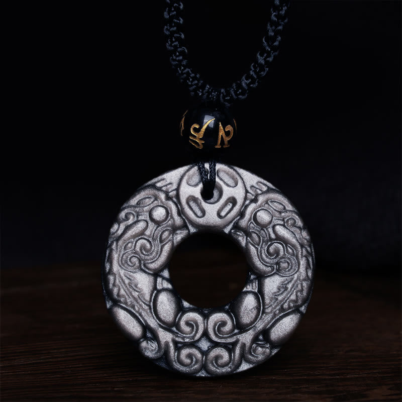 Collar con colgante de obsidiana con doble PiXiu, moneda de cobre, hebilla de paz y protección, con piedras de Buda y brillo de plata natural