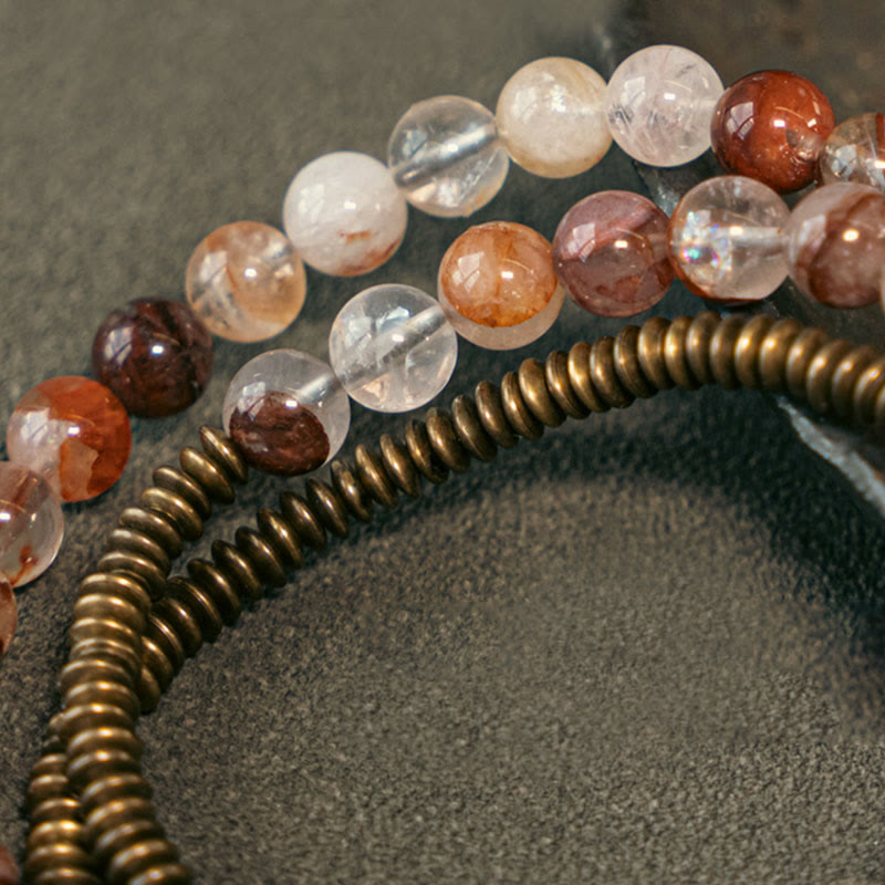 Pulsera de cobre con piedras de Buda, cuarzo hematoide rojo fantasma morado y cuarzo rutilado verde, amor y perdón