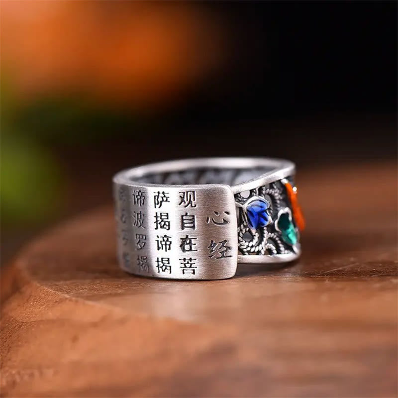 Buddha Stones Kupfer Blau Emaille Lotus Herz Sutra Koi Fisch Glücksring