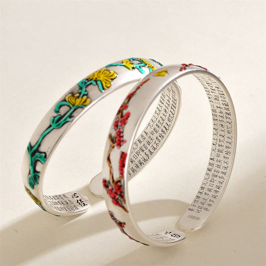 Pulsera brazalete con piedras de Buda, diseño de flor de ciruelo y crisantemo, Sutra del Corazón, curación