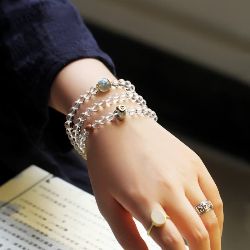 Buddha Stones 925 Sterling Silber Chinesisches Sternzeichen Natal Buddha Weißer Kristall Meditation Dreifach Wickelarmband