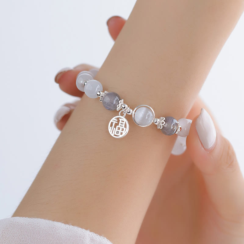 Pulsera con abalorios de bola con carácter Fu de piedra lunar y ojo de gato de Buda