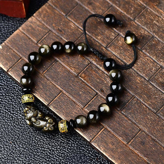 Pulsera trenzada de obsidiana con brillo de oro natural de piedras de Buda PiXiu Om Mani Padme Hum riqueza