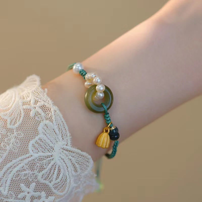 Buddha Stones Natürliche Hetian Jade Peace Buckle Pearl Luck Handgefertigtes geflochtenes Armband